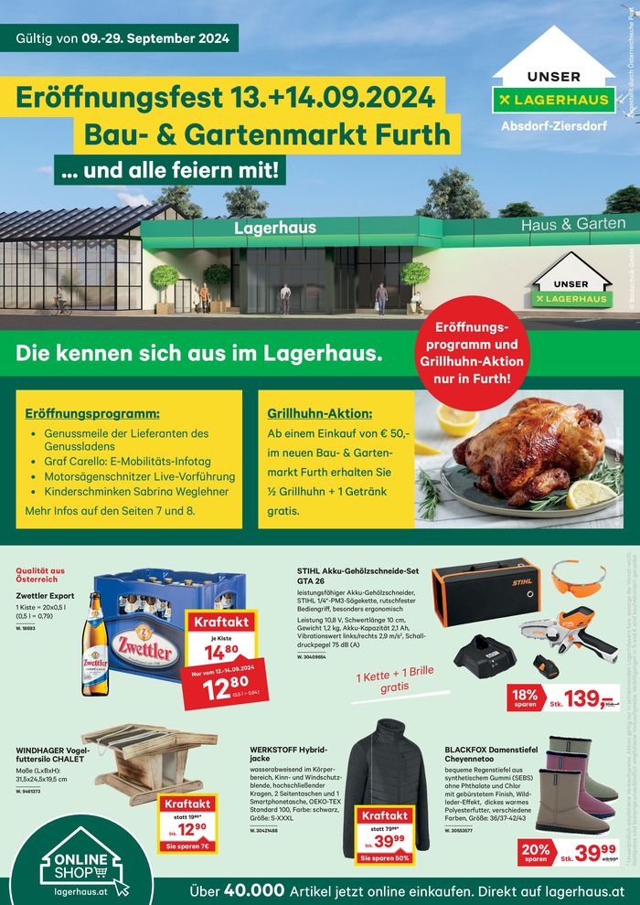 Lagerhaus Katalog in Eggelsberg | Flugblatt Eröffnungsfest Bau- & Gartenmarkt Furth | 10.9.2024 - 24.9.2024