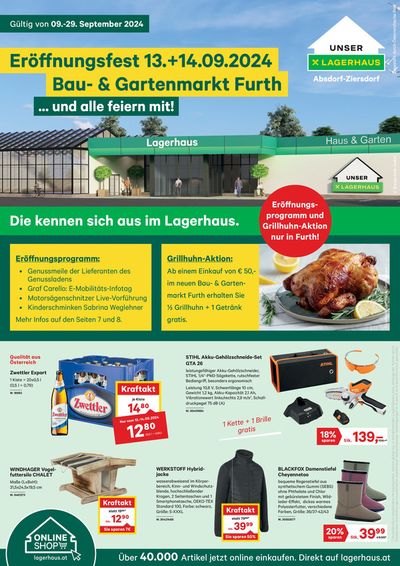 Lagerhaus Katalog in Gleisdorf | Flugblatt Eröffnungsfest Bau- & Gartenmarkt Furth | 10.9.2024 - 24.9.2024