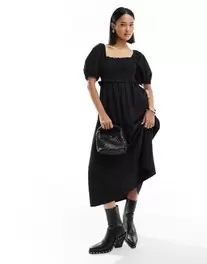 New Look – Midikleid aus Leinenmix in Schwarz mit gerafften Puffärmeln für 10€ in ASOS