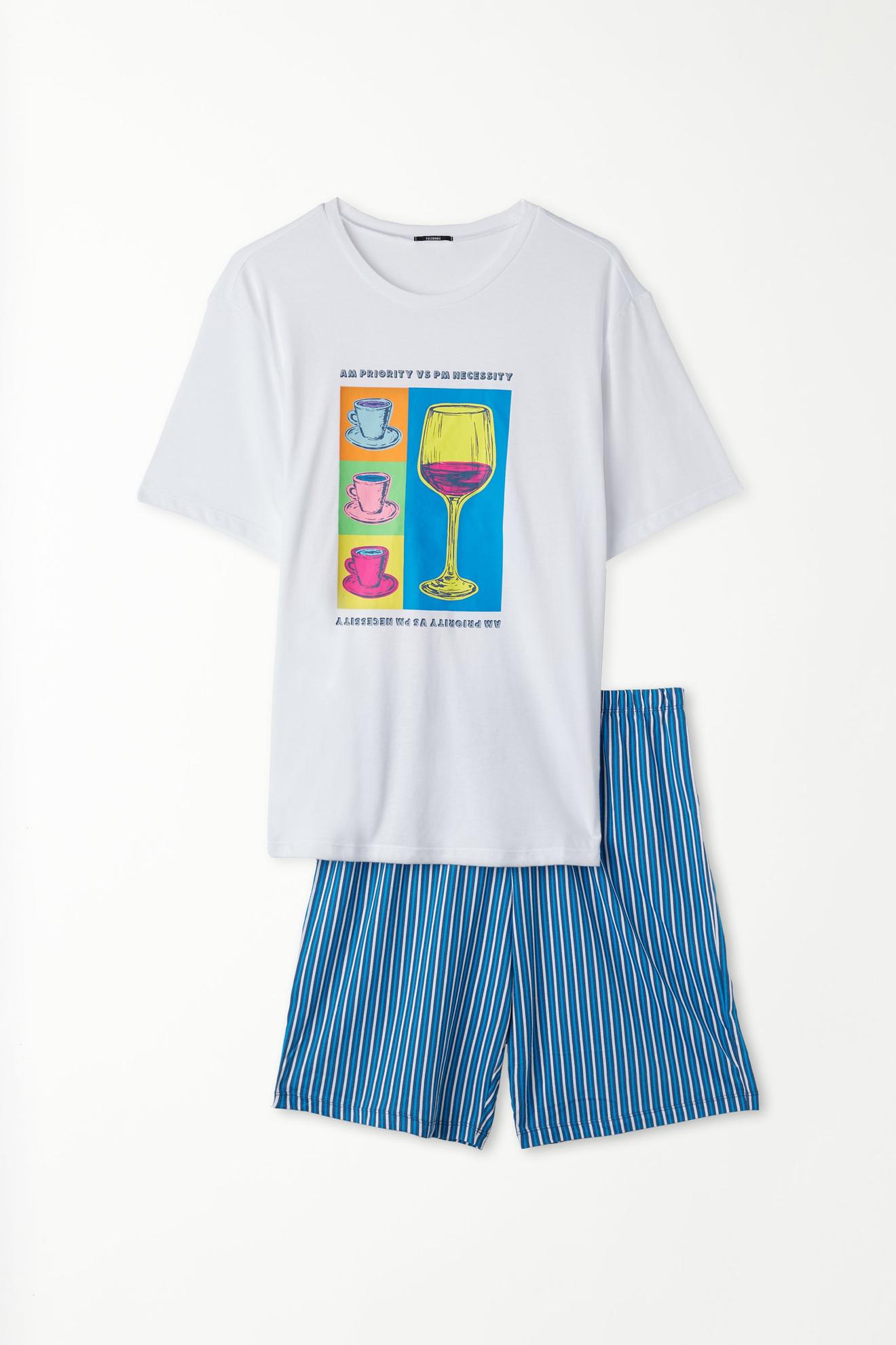 Kurzer Baumwoll-Pyjama mit kurzen Ärmeln und Weinglas-Print für 19,99€ in Tezenis